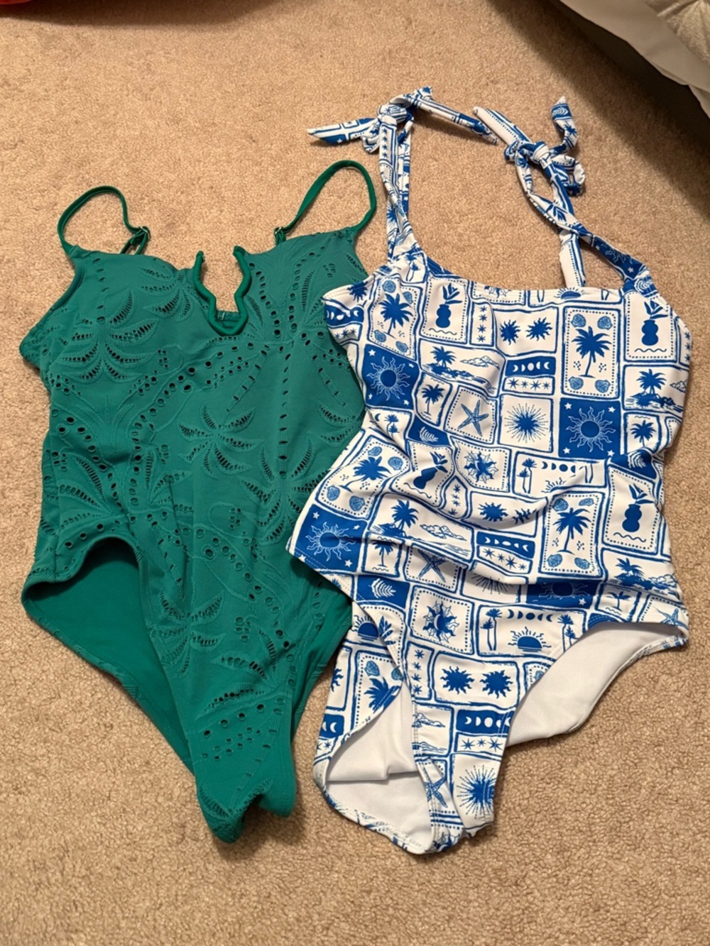 One-Piece Bathing Suits in Emerald Green & Blue-White Print